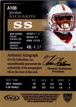 2015 SAGE HIT - Autographs Black #A108 Jordan Richards Back