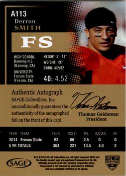 2015 SAGE HIT - Autographs Black #A113 Derron Smith Back