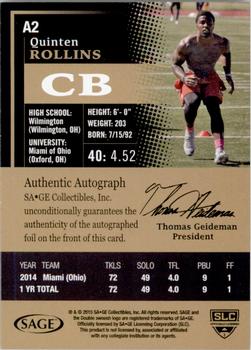 2015 SAGE HIT - Autographs Gold #A2 Quinten Rollins Back