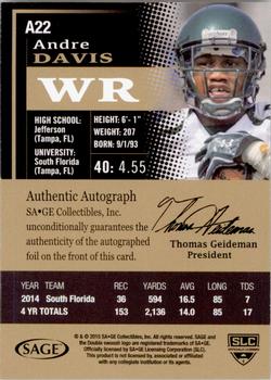 2015 SAGE HIT - Autographs Gold #A22 Andre Davis Back