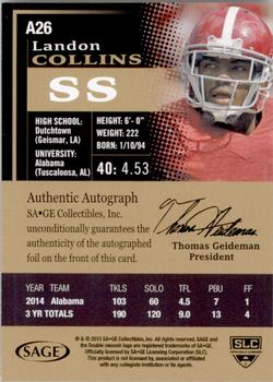 2015 SAGE HIT - Autographs Gold #A26 Landon Collins Back