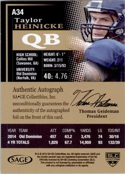 2015 SAGE HIT - Autographs Gold #A34 Taylor Heinicke Back