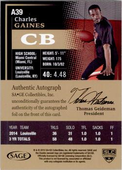 2015 SAGE HIT - Autographs Gold #A39 Charles Gaines Back