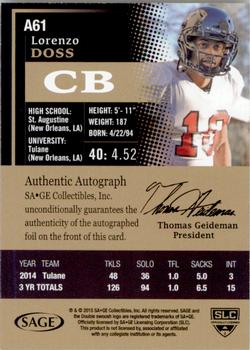 2015 SAGE HIT - Autographs Gold #A61 Lorenzo Doss Back