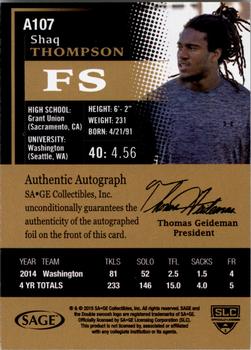 2015 SAGE HIT - Autographs Gold #A107 Shaq Thompson Back
