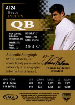 2015 SAGE HIT - Autographs Gold #A124 Bryce Petty Back