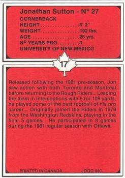 1982 JOGO Ottawa Rough Riders #17 Jonathan Sutton Back