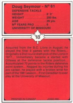 1982 JOGO Ottawa Rough Riders #18 Doug Seymour Back