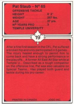 1982 JOGO Ottawa Rough Riders #19 Pat Staub Back