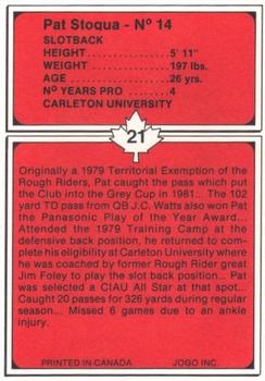 1982 JOGO Ottawa Rough Riders #21 Pat Stoqua Back
