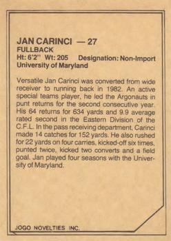 1983 JOGO CFL Limited #NNO Jan Carinci Back