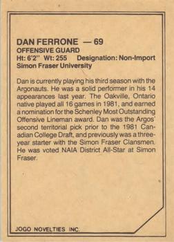 1983 JOGO CFL Limited #NNO Dan Ferrone Back