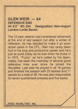 1983 JOGO CFL Limited #NNO Glen Weir Back