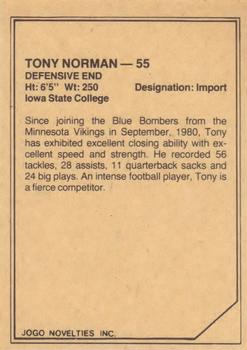 1983 JOGO CFL Limited #NNO Tony Norman Back