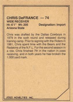 1983 JOGO CFL Limited #NNO Chris DeFrance Back