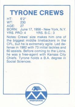 1983 Mohawk B.C. Lions #NNO Tyrone Crews Back