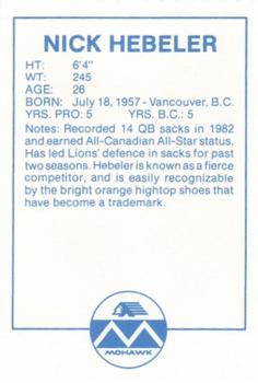 1983 Mohawk B.C. Lions #NNO Nick Hebeler Back