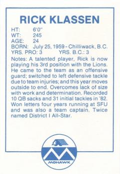 1983 Mohawk B.C. Lions #NNO Rick Klassen Back