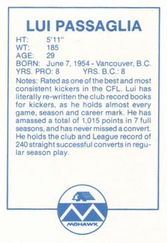 1983 Mohawk B.C. Lions #NNO Lui Passaglia Back