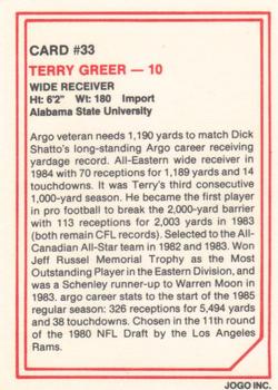 1985 JOGO #33 Terry Greer Back