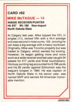 1985 JOGO #62 Mike McTague Back
