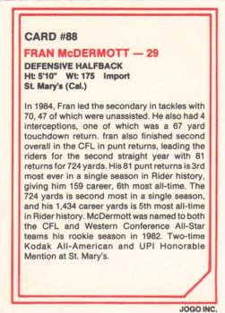1985 JOGO #88 Fran McDermott Back