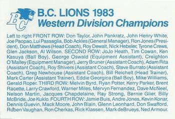 1984 Mohawk British Columbia Lions #NNO Team Card Back