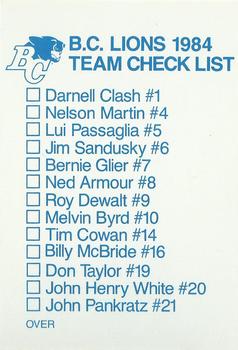 1984 Mohawk British Columbia Lions #NNO Checklist Front