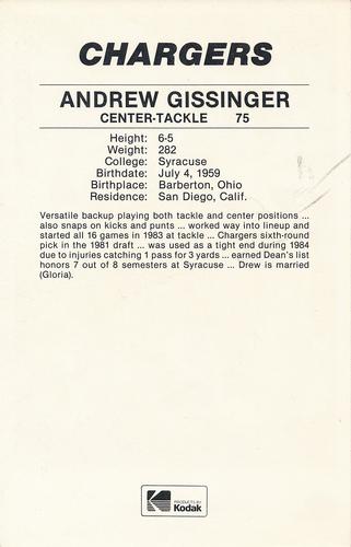 1985 Kodak San Diego Chargers #NNO Andrew Gissinger Back