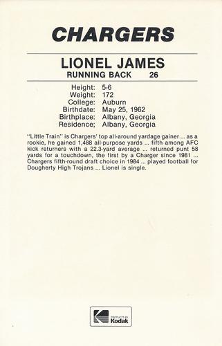 1985 Kodak San Diego Chargers #NNO Lionel James Back