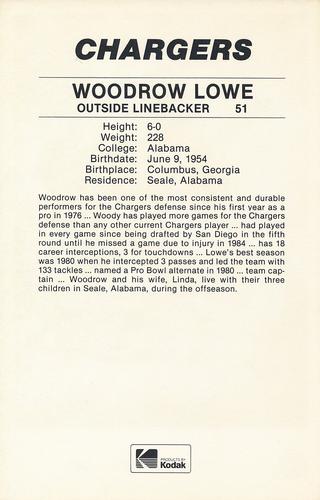 1985 Kodak San Diego Chargers #NNO Woodrow Lowe Back