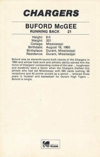 1985 Kodak San Diego Chargers #NNO Buford McGee Back