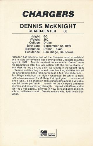 1985 Kodak San Diego Chargers #NNO Dennis McKnight Back
