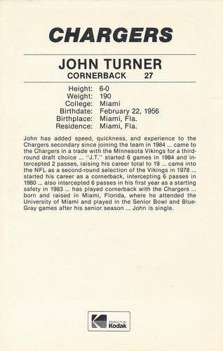 1985 Kodak San Diego Chargers #NNO John Turner Back