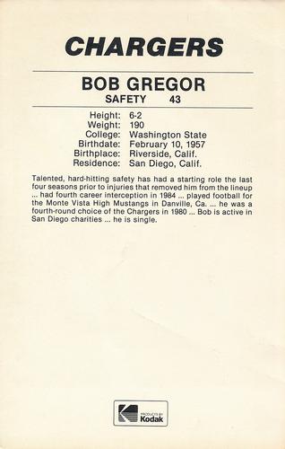 1985 Kodak San Diego Chargers #NNO Bob Gregor Back