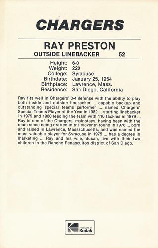 1985 Kodak San Diego Chargers #NNO Ray Preston Back