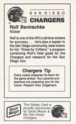 1987 San Diego Chargers Police #3 Rolf Benirschke Back