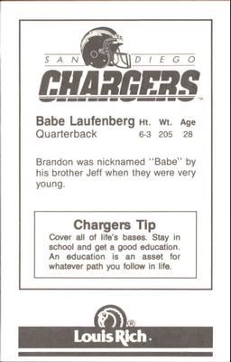 1988 San Diego Chargers Police #6 Babe Laufenberg Back