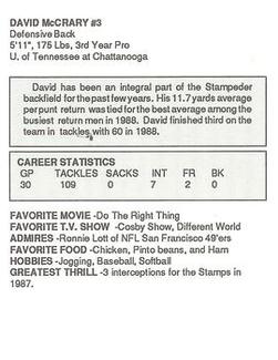 1989 Kentucky Fried Chicken Calgary Stampeders (CFL) #NNO David McCrary Back