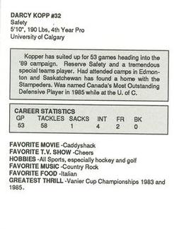 1989 Kentucky Fried Chicken Calgary Stampeders (CFL) #NNO Darcy Kopp Back