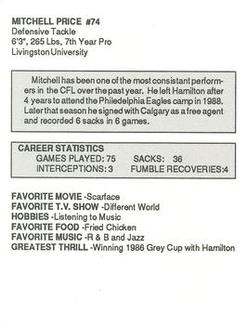1989 Kentucky Fried Chicken Calgary Stampeders (CFL) #NNO Mitchell Price Back