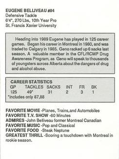 1989 Kentucky Fried Chicken Calgary Stampeders (CFL) #NNO Eugene Belliveau Back
