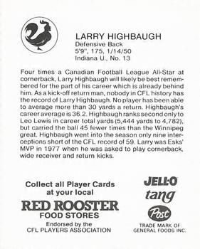 1981 Red Rooster Edmonton Eskimos #NNO Larry Highbaugh Back
