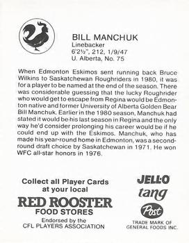 1981 Red Rooster Edmonton Eskimos #NNO Bill Manchuk Back