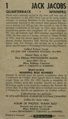 1954 Blue Ribbon Tea CFL #1 Jack Jacobs Back