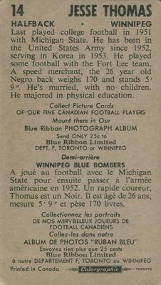 1954 Blue Ribbon Tea CFL #14 Jesse Thomas Back