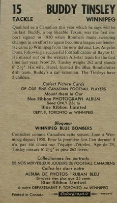 1954 Blue Ribbon Tea CFL #15 Buddy Tinsley Back