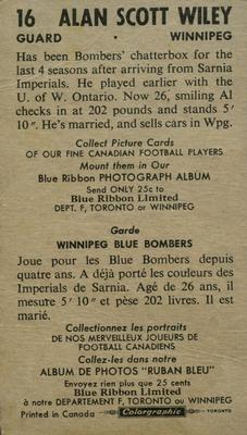 1954 Blue Ribbon Tea CFL #16 Alan Scott Wiley Back
