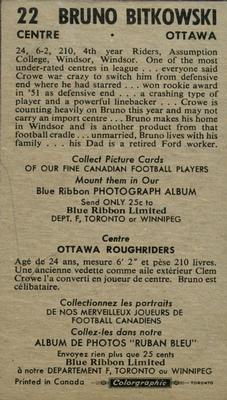 1954 Blue Ribbon Tea CFL #22 Bruno Bitkowski Back