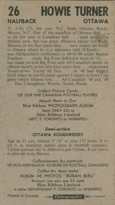 1954 Blue Ribbon Tea CFL #26 Howie Turner Back